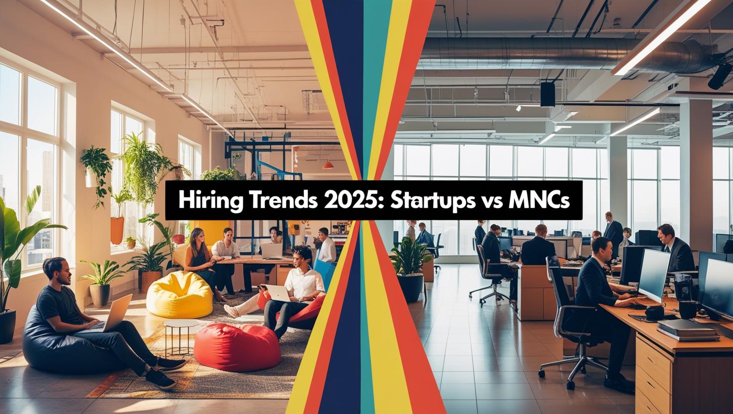 A split-screen image showing___On the left_ a trendy startup office (people collaborating casually, laptops, bean bags, modern interiors)_279.jpg